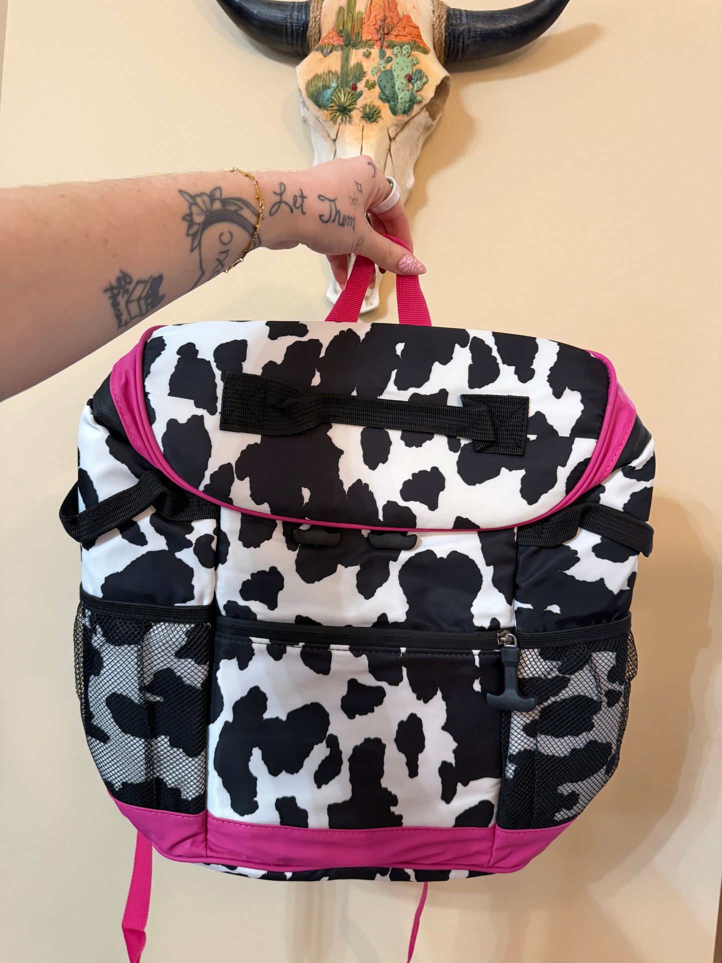 cow print backpack cooler 